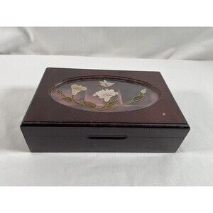 Vintage Glass Wood Jewelry Box Trinket Box  Flowers